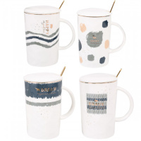 Кружка с ложкой и крышкой, 4 вида, керамика Y8205-19