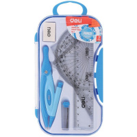 Готовальня 7 предметов (циркуль, линейка, транспортир, 2 угольника, карандаш, ластик) голубая