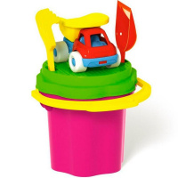 Набор д/песка №106 (ведро малое, сито, совок, грабли, машинка "Бублик") 11х10х15см в сетке 01806