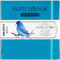 Скетчбук 14,5х14,5см 20л 300г/м2 акварельная бумага, 100% хлопок, на резинке,твер.обложка, бирюзовый