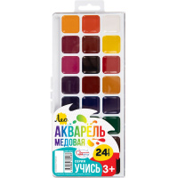 Краски акварельные 24 цвета "Учись" медовые без кисточки пластиковая упаковка LNW-0124