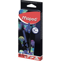 Готовальня 9 предметов (2 циркуля, линейка, транспортир, 2 угольника, ластик, точилка, карандаш)