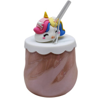 Кружка "Радужный единорог" 10х9,5см с трубочкой и крышкой, 4 цвета, керамика SK3635