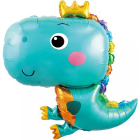 Шар воздушный 43см(17") на палочке "Мини. Динозаврик в короне бирюзовый" с клапаном, фольга 23262