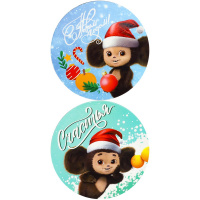 Магнит "Новогодний Чебурашка" 6,7см круглый, винил, 8 видов Т-1246