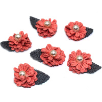 Цветок декоративный Георгин 3,5х5см с листиком и жемчугом, коралловый 6шт/уп. Y9509-19