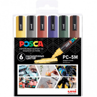 Набор маркеров перманентных "POSCA" яркие цвета, 6шт, пулевидный наконечник, толщина линии 2,5мм Набор маркеров перманентных "POSCA" яркие цвета, 6шт, пулевидный наконечник, толщина линии 2,5мм