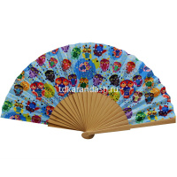 Веер 23см голубой с совами, ткань/дерево Y10618-24