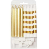 Свечи д/торта 8шт. 8см с подсвечниками Gold & White в полоску 6078348