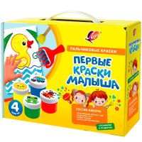 Краски пальчиковые 4 цвета 40мл (160мл) с аксессуарами (роллер, спонжики, лоток, раскраски) "Кроха"