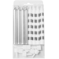 Свечи д/торта 8шт. 8см с подсвечниками Silver & White в полоску 6078379