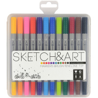 Набор капиллярных ручек 12цв 0,4мм "Sketch&Art" двусторонние трехгранные, линер/кисть 22-0082