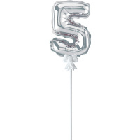 Шар воздушный 14см Цифра "5" самонадувающийся с держателем, фольга, серебро FBZ-04