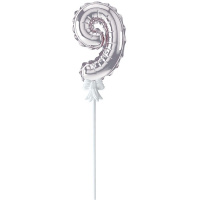 Шар воздушный 14см Цифра "9" самонадувающийся с держателем, фольга, серебро FBZ-04