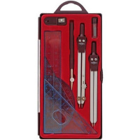 Готовальня 9 предметов (2 циркуля, рейсфедер, точилка, линейка, транспортир, угольник, треугольник)