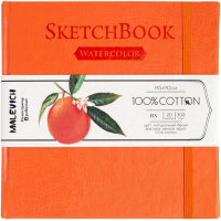 Скетчбук 14,5х14,5см 20л 300г/м2 акварельная бумага, 100% хлопок, на резинке, твер.обложка,оранжевый