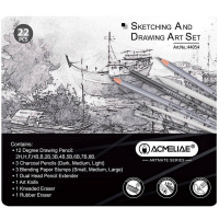 Набор для графики 22 предмета (карандаши, растушевки, держатель, канц.нож, ластики) в металле 44054