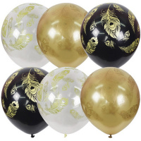 Шар воздушный 30см(12") Перо Павлина BLACK&GOLD&TRANSPARENT (шелк) 5ст. 6070038