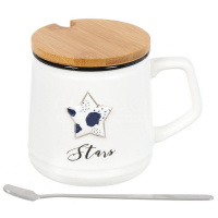 Кружка 9х13см с ложкой и деревянной крышкой, керамика 1480