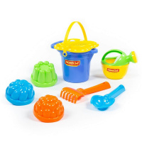 Набор д/песка №154 (ведро с носиком, ситечко-цветок, совок №2, грабельки №2, лейка, 3 формочки) 4948