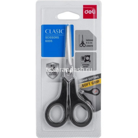 Ножницы 14cм "Deli" сталь, ручки пластик Soft-touch, черные E6005 от магазина "Карандаш"