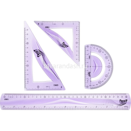 Набор 4 предмета гибкий сиреневый (линейка 30см, 2 треугольника 9/13см, транспортир 10см) пластик от магазина "Карандаш"