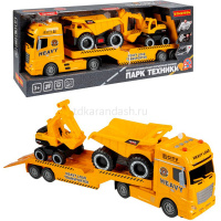Трейлер "Автовоз" инерционный, пластик 14x58x23см + самосвал и экскаватор (свет, звук) ВВ6082 от магазина "Карандаш"