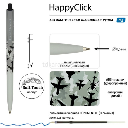 Ручка шариковая "HappyClick. Военный паттерн. Самолеты" 0,5мм синяя, автомат 20-0241/38 от магазина "Карандаш"