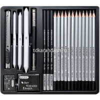 Набор для графики 22 предмета (карандаши, растушевки, держатель, канц.нож, ластики) в металле 44054 от магазина "Карандаш"