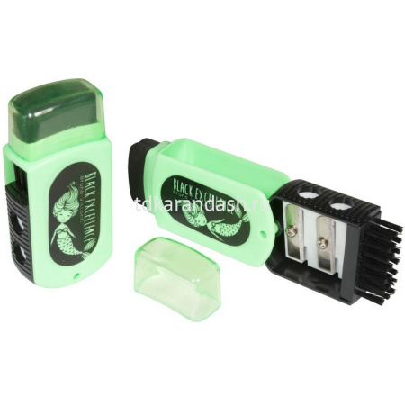 Точилка 2 отв. "Black excellence" с контейнером, ластиком и щеткой пластик 4 вида 35-0059 от магазина "Карандаш"