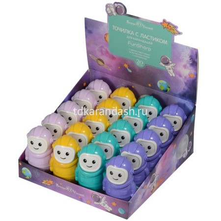 Точилка 2 отв. "Космонавт" с контейнером и ластиком, пластик, 4 вида 35-0042 от магазина "Карандаш"