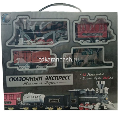 Железная дорога "Сказочный экспресс" Паровоз + 2 вагона, пластик  (свет, звук) 397819R/YY-096