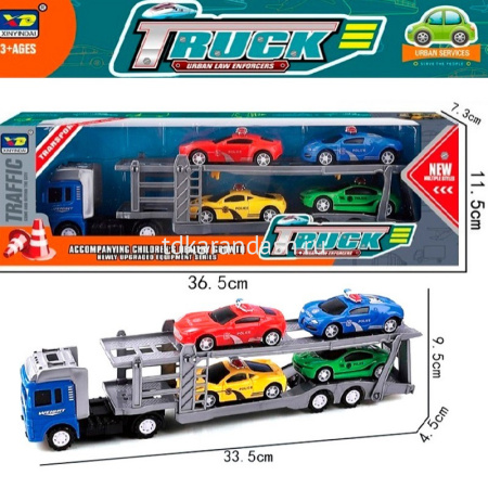 Трейлер "Полиция" пластик 30х5х6см (в комплекте 4 машинки 8см) LT355518 от магазина "Карандаш"