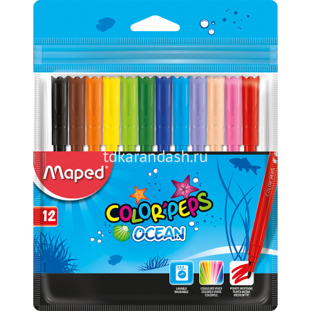 Фломастеры 12 цветов "Color'Peps Ocean" смываемые с заблокированным пишущим узлом, блистер 845720