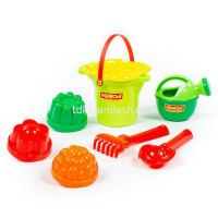 Набор д/песка №154 (ведро с носиком, ситечко-цветок, совок №2, грабельки №2, лейка, 3 формочки) 4948 от магазина "Карандаш"