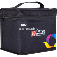 Набор маркеров двусторонних 60 цв, толщина линии 1-7мм в текстильном чехле E70806-60 от магазина "Карандаш"