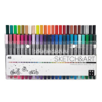Набор капиллярных ручек 48цв 0,4мм "Sketch&Art" двусторонние трехгранные, линер/кисть 22-0101 от магазина "Карандаш"