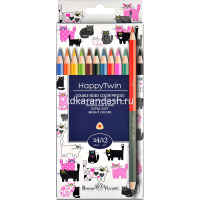 Карандаши 24 цвета "Twincolor happy" 12шт. двусторонние трехгранные дерево, картон, 4 вида 30-0080 от магазина "Карандаш"