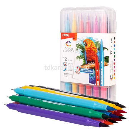 Фломастеры 12 цветов "Color Emotion" двусторонние (кисть, игловидный), в пластиковом пенале EC151-12 от магазина "Карандаш"