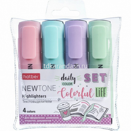 Набор маркеров текстовыделителей "NEWtone Pastel" 4шт, клиновидный наконечник, толщина линии 1-5мм от магазина "Карандаш"
