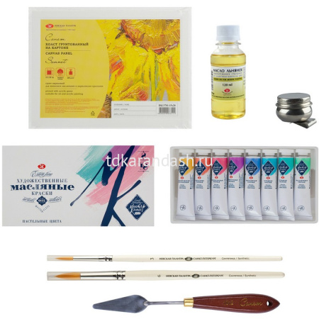 Подарочный набор масляных красок 8 цветов 18мл №1 (маслёнка, масло, мастихин, холст, 2 кисти) от магазина "Карандаш"