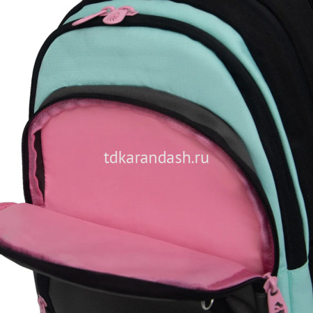 Рюкзак 30х39х20см, 760гр, 3 отделения, 4 кармана, черный/мятный, с брелком RG-562-2/1 от магазина "Карандаш"