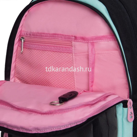 Рюкзак 30х39х20см, 760гр, 3 отделения, 4 кармана, черный/мятный, с брелком RG-562-2/1 от магазина "Карандаш"
