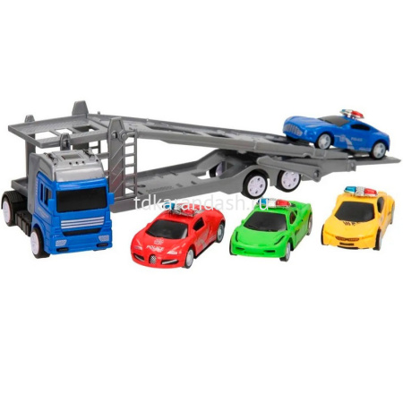 Трейлер "Полиция" пластик 30х5х6см (в комплекте 4 машинки 8см) LT355518 от магазина "Карандаш"