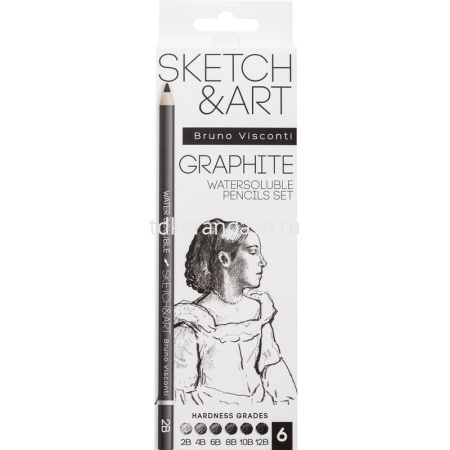 Набор карандашей чернографитных 6шт "Sketch&Art" 2B-12B водорастворимые 25-003