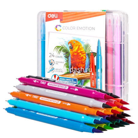 Фломастеры 24 цвета "Color Emotion" двусторонние (кисть, игловидный), в пластиковом пенале EC151-24 от магазина "Карандаш"