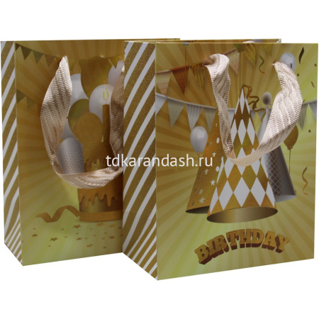 Пакет подарочный "С Днем рождения" золото 32х26х12см 4 вида 11558-24 от магазина "Карандаш"
