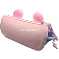 Пенал "Cute с ушками" 21х9х8см, круглый, 1 отделение, 3 кармана, текстиль, с ручкой, розовый BD5391 от магазина "Карандаш"