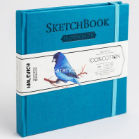 Скетчбук 14,5х14,5см 20л 300г/м2 акварельная бумага, 100% хлопок, на резинке,твер.обложка, бирюзовый от магазина "Карандаш"