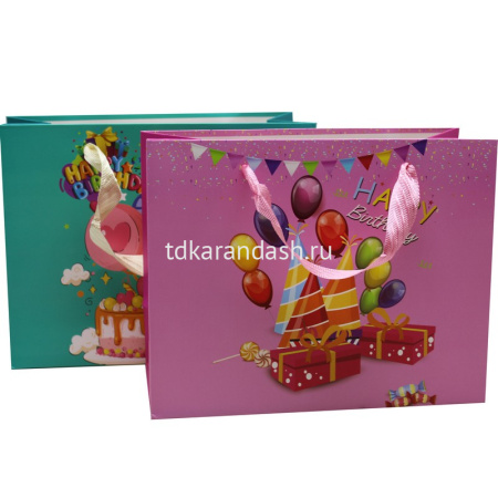 Пакет подарочный "С Днем рождения" широкий 16х13х7см 4 вида 11565-24 от магазина "Карандаш"